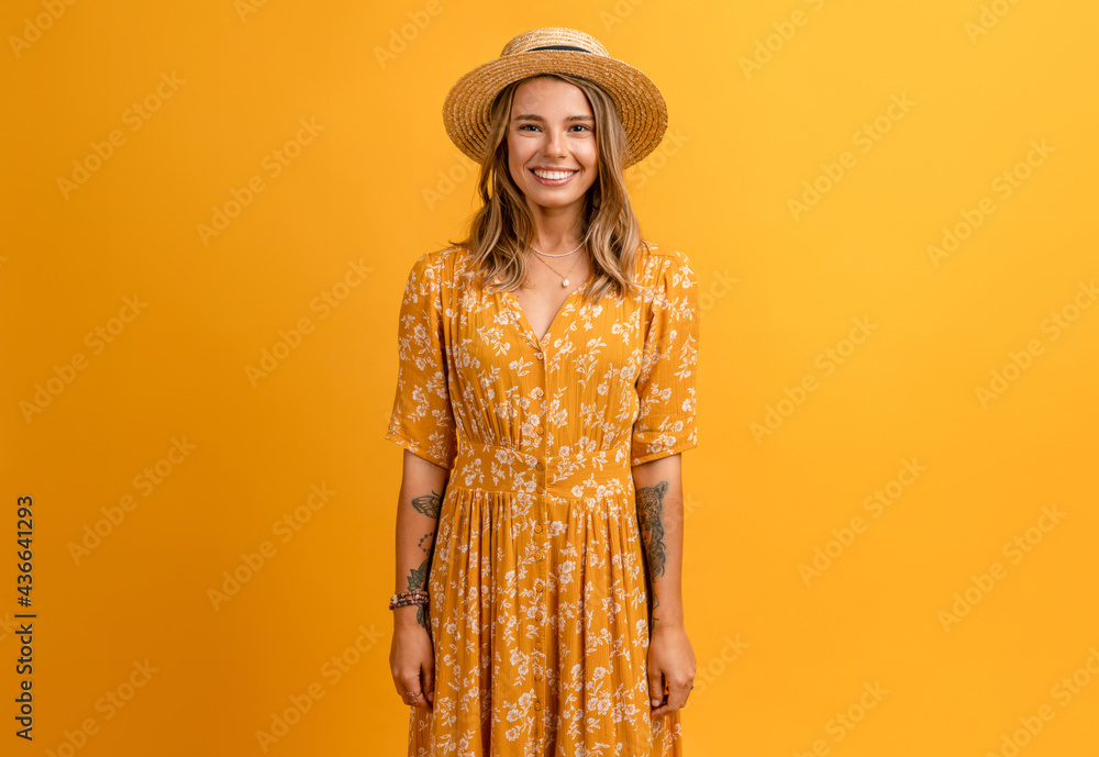 beautiful attractive stylish woman in yellow dress and straw hat beautiful attractive stylish woman in yellow dress and straw hat