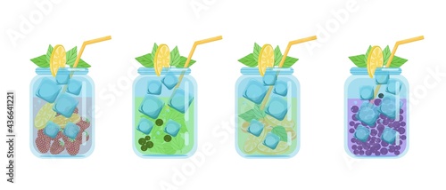 Cocktail drinks.Set of bright juicy fruit cocktails in glass jars, vector illustration in flat style, isolated, cartoon.