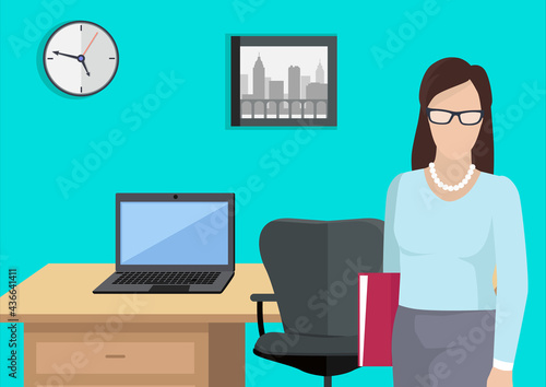 Businesswoman female character in formal clothes office worker or employee. Woman in glasses standing in workspace with computer holding paper document in her hands in office room with equipment