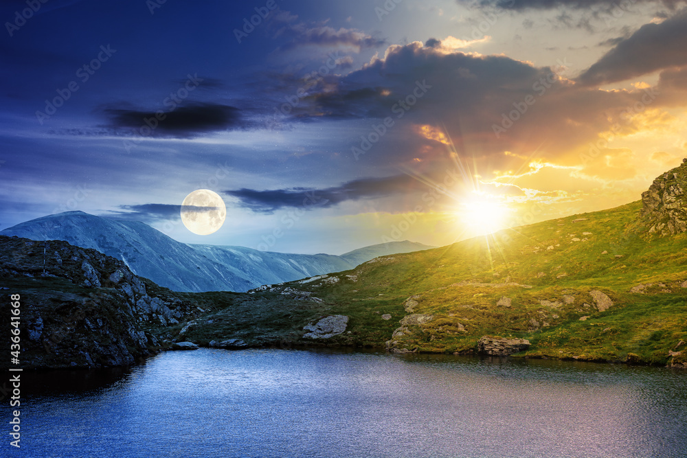 day and night time change concept above summer landscape with lake on high altitude. beautiful scenery of fagaras mountain ridge. open view in to the distant peak beneath a clouds with sun and moon