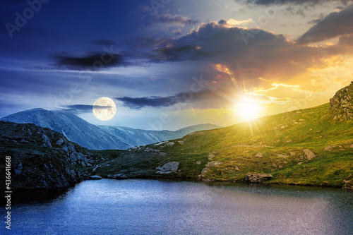 day and night time change concept above summer landscape with lake on high altitude. beautiful scenery of fagaras mountain ridge. open view in to the distant peak beneath a clouds with sun and moon