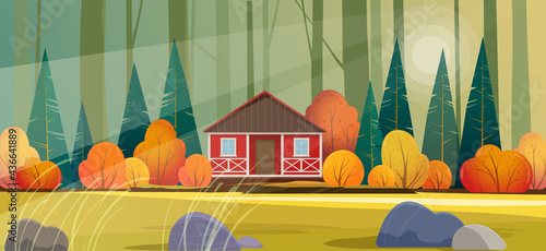 Red wooden hut in the deep fores. Autumn forest landscape. Vector illustration