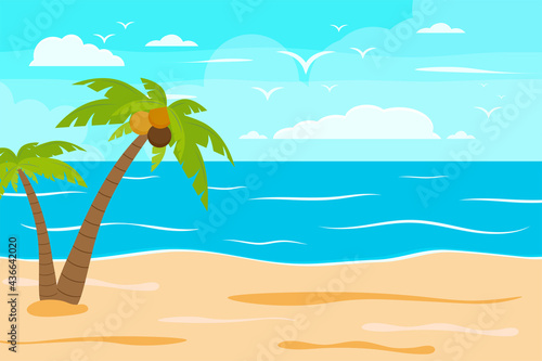 Cartoon summer beach, seaside natural vacation, tropical beach, seaside scenery background vector illustration © StockBURIN