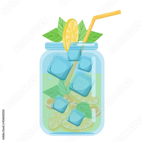 Soft drinks, fruit smoothies with lemon and mint, carbonated soft drink in a glass jar, vector object in flat style on a white background.