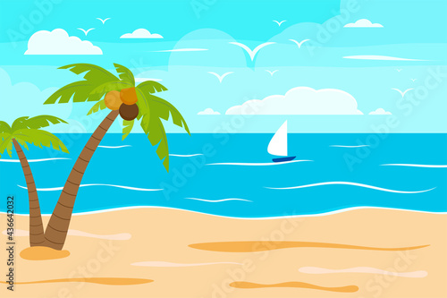 Cartoon summer beach, seaside natural vacation, tropical beach, seaside scenery background vector illustration