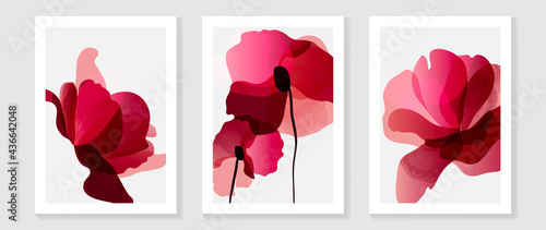Abstract art red flower background vector. wall art design with watercolor art texture from floral and botanical flower, x-ray botanical leaves design  Vector illustration.