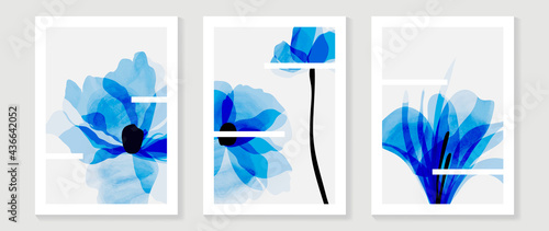 Abstract art blue flower background vector. wall art design with watercolor art texture from floral and botanical flower, x-ray botanical leaves design  Vector illustration.