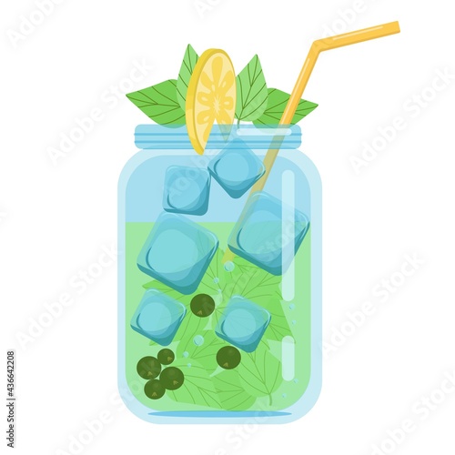 Soft drinks, fruit cocktails currants with mint, carbonated soft drink in a glass jar decorated with a slice of lemon, vector object in a flat style on a white background.