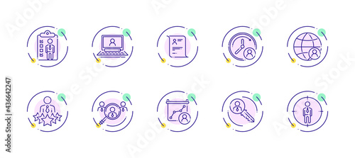 10 in 1 vector icons set related to human resources theme. Violet lineart vector icons