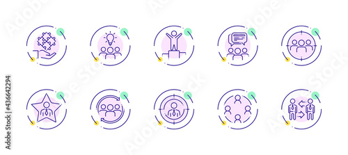 10 in 1 vector icons set related to team work theme. Violet lineart vector icons