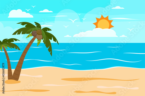 Cartoon summer beach  seaside natural vacation  tropical beach  seaside scenery background vector illustration