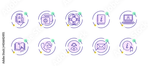 10 in 1 vector icons set related to customer support theme. Violet lineart vector icons
