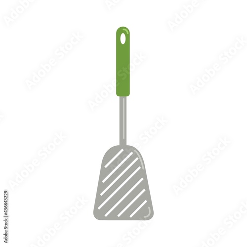 Metal kitchen spatula for turning fried food with plastic green handle, kitchen utensils, vector object in flat style, isolate.