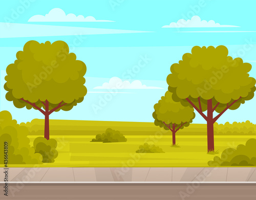 Street with plants and asphalt road. Roadway with sidewalk near summer park. Landscape with nature and driveway. Natural landscape around highway. View of garden, trees and road vector illustration