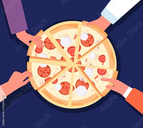 People sharing pizza. Child eat, girls eating in restaurant. Family lunch, cartoon hands touch fast food slices. Pizzeria delivery dinner utter vector concept