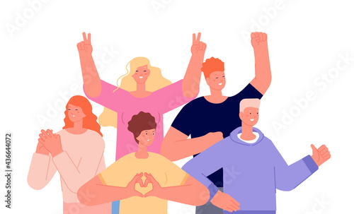 Friends together concept. Happy excited people, young business group. Celebration party team, isolated cartoon friendship utter vector illustration