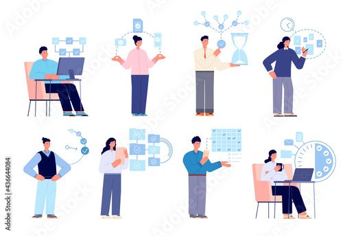 Successful time management. Productivity, organization times set. Calendar on workflow, success employee. Business schedule utter vector concept