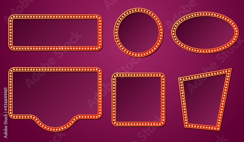 Light bulb frames. Isolated retro lights frame, 3d lighting signs. Circus theater cinema cafe boards. Casino advertising empty recent vector banner