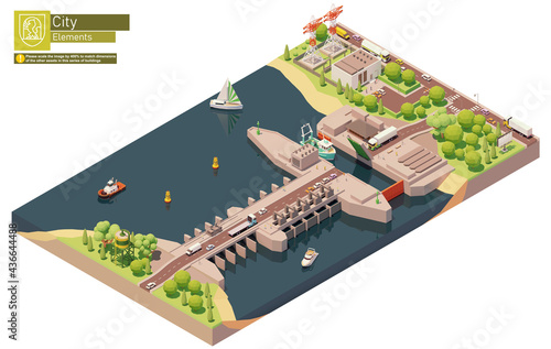 Vector isometric tidal power plant. Tidal electricity production by power station barrage with lock gates. Tidal energy generating electricity photo