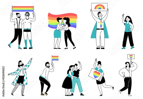 Lgbtq person. Pride young people, lgbt community. Homosexual parade, cartoon gay lesbian couple in love hold rainbow banner decent vector set