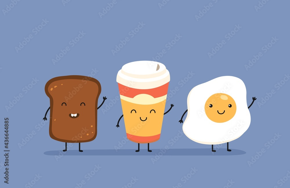 Breakfast say hello. Cute kawaii fried egg, bread toast and mug of coffee. Delicious morning food vector card Breakfast say hello. Cute kawaii fried egg, bread toast and mug of coffee. Delicious morning food vector card
