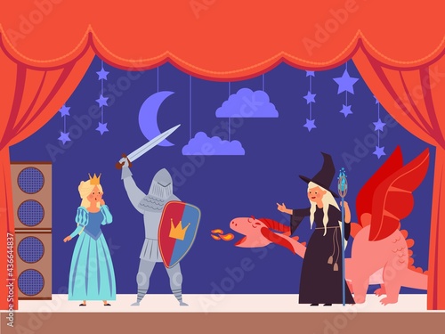 Kids theater. Cartoon kid, flat street public act on stage for children. Tale entertainment, actors in costumes. Magic show decent vector illustration