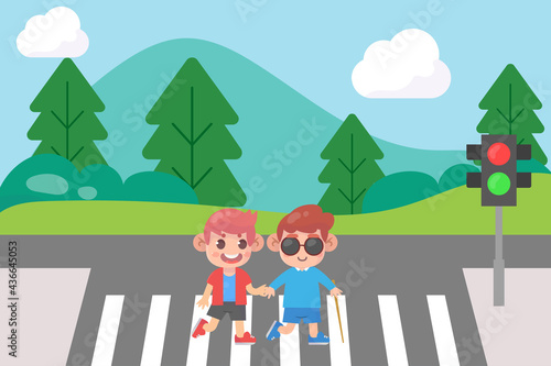 kid help a blind friend crossroad premium vector.