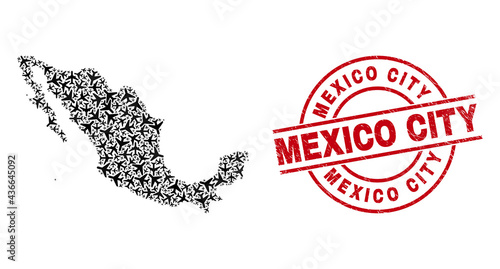 Mexico City distress badge, and Mexico map mosaic of air plane items. Mosaic Mexico map constructed with aircraft. Red badge with Mexico City tag, and distress rubber texture.