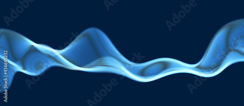 Flowing particles wave over dark background, dynamic sound motion curve lines. 3d vector illustration. Beautiful wave shaped array of shining blended points.