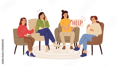 Support group. Depression, supports therapy with psychotherapist. Helping network, female problems and tired. Woman need help vector concept