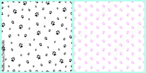 Set of seamless patterns with cat footprints. Digital art for backgrounds, covers, textile printing, wrapping paper, clothing. White isolated background. 