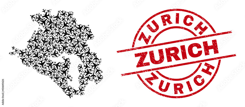 Zurich rubber seal stamp, and Krasnodarskiy Kray map mosaic of airplane items. Mosaic Krasnodarskiy Kray map created of aviation items. Red badge with Zurich text, and distress rubber texture. Zurich rubber seal stamp, and Krasnodarskiy Kray map mosaic of airplane items. Mosaic Krasnodarskiy Kray map created of aviation items. Red badge with Zurich text, and distress rubber texture.