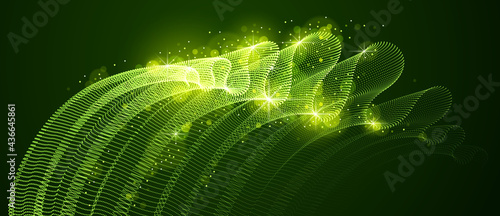 Vector abstract background with magic wave of flowing particles over dark, smooth curve shape lines, transparent tulle textile on wind. 3d shape dots magic blended mesh.