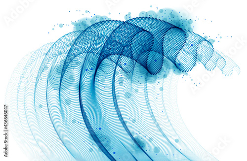 Dynamic particles wave flowing, transparent tulle textile on wind. Dotted curves vector abstract background. Beautiful 3d wave shaped array of blended points.