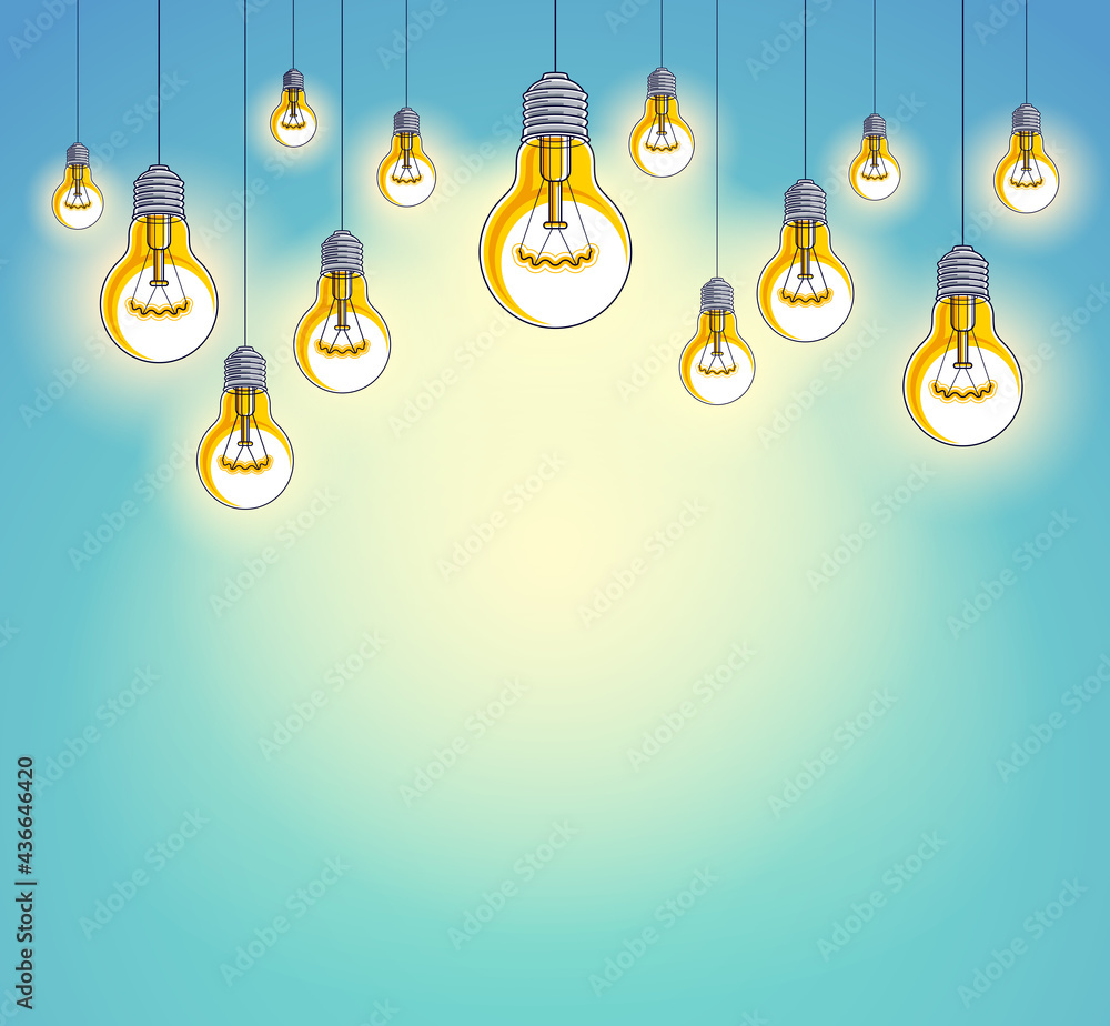 Idea concept, think different, light bulbs group vector illustration with single one is shining, creative inspiration, be special, leadership. Composition with copy space for text. Idea concept, think different, light bulbs group vector illustration with single one is shining, creative inspiration, be special, leadership. Composition with copy space for text.