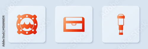 Set Antique treasure chest, Ship porthole with seascape and Spyglass telescope lens. White square button. Vector