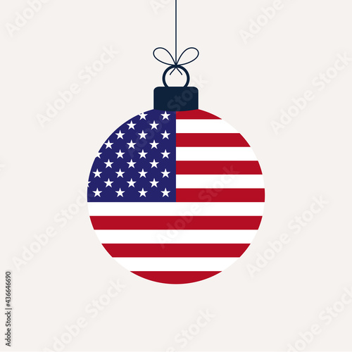Christmas new year ball with usa flag. Greeting card Vector illustration. Merry Christmas Ball with Flag isolated on white background