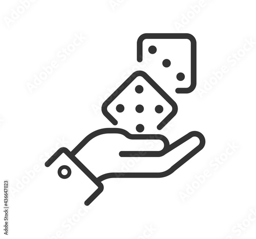 Dice in hand vector line icon. Game