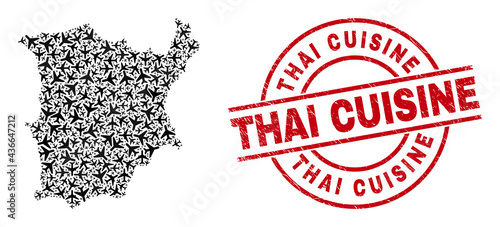 Thai Cuisine distress seal, and Koh Samui map mosaic of aircraft items. Mosaic Koh Samui map created of aircraft. Red watermark with Thai Cuisine caption, and scratched rubber texture.