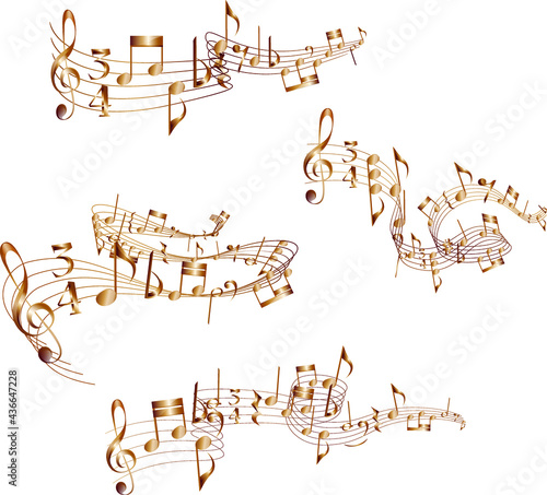 Four vector musical scores with abstract shapes. Vector curly musical scores.