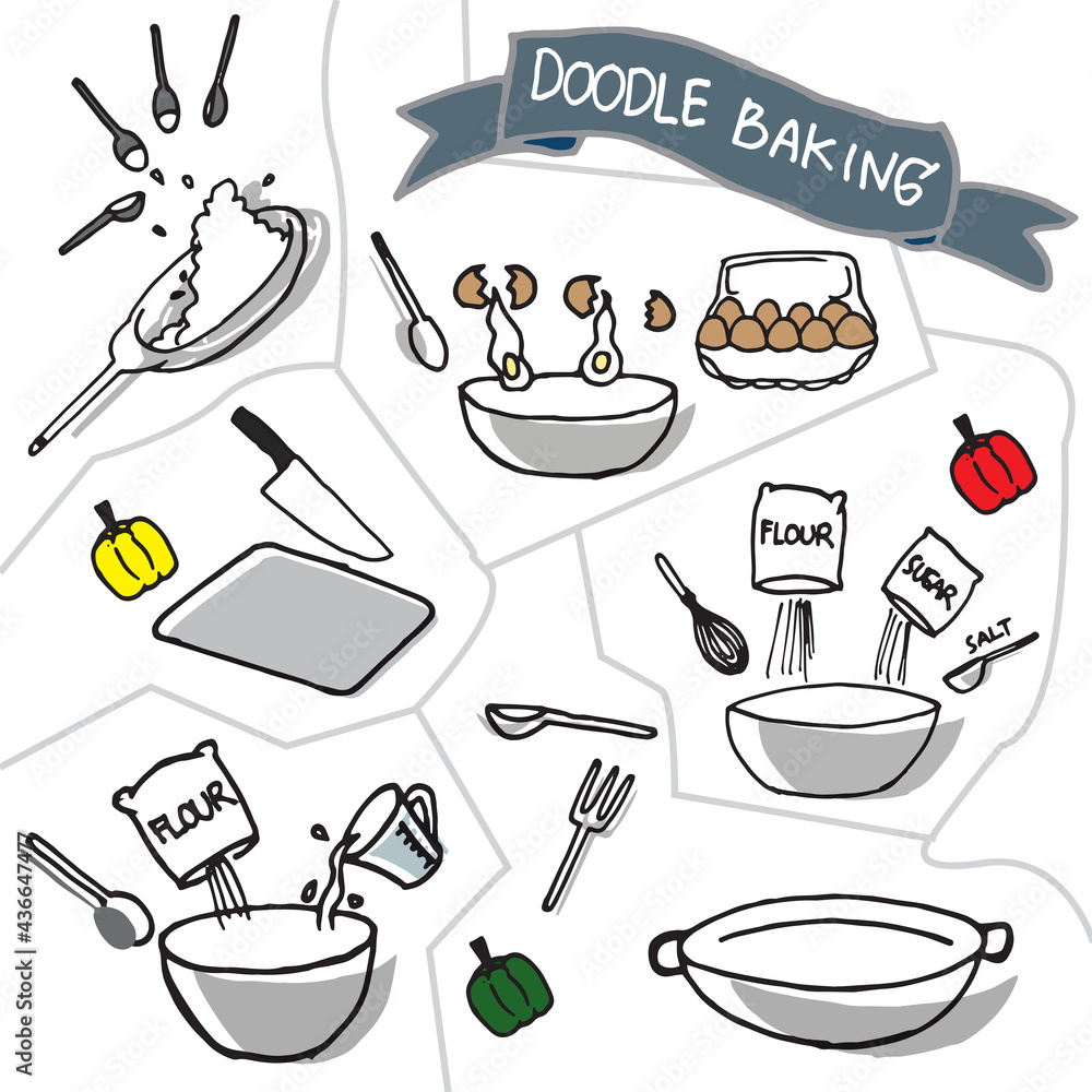 Obraz premium set of cooking step illustration on white background. scene of cooking. set of cooking tutorial. hand drawn vector. pouring eggg, flour, sugar, water and salt. doodle art for recipe book, video. 