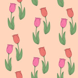 Cute floral seamless pattern. Delicate colors, painting on a pink background. Tulips. Vector illustration