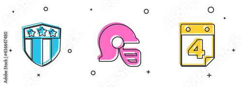 Set Shield with stars, American football helmet and Calendar date July 4 icon. Vector