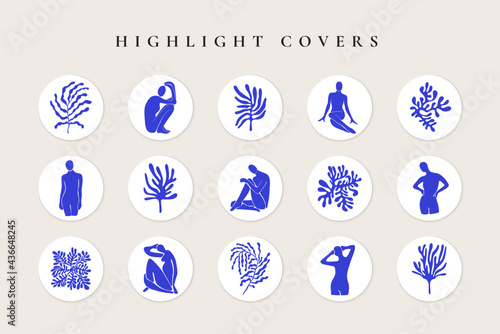 Abstract contemporary story highlight covers. Mid century Matisse inspired art social media stories, minimal vector design