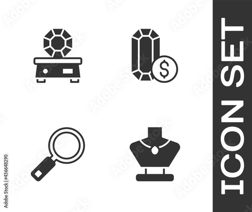 Set Necklace on mannequin, Gem stone, Magnifying glass and Jewelry online shopping icon. Vector