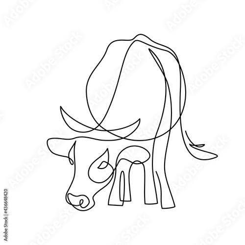 Cow on pasture in continuous line art drawing style. Grazing cow minimalist black linear sketch isolated on white background. Vector illustration