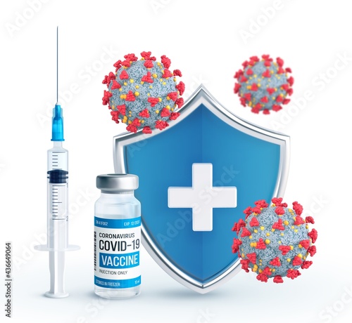 Vaccination concept. Immunization campaign. Vaccine shot. Health care and protection. Syringe with a vaccine bottle protection shield and virus cells. Medical treatment. Realistic vector illustration.