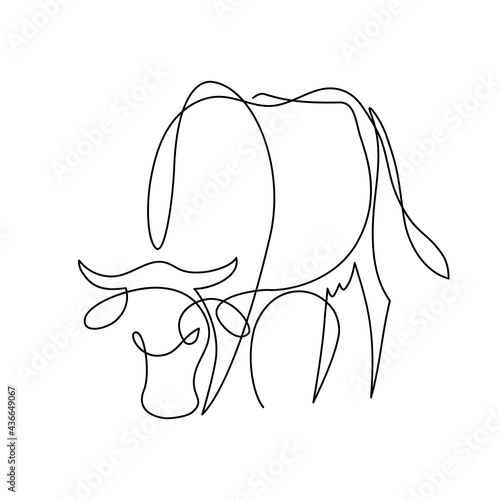 Cow on pasture in continuous line art drawing style. Grazing cow minimalist black linear design isolated on white background. Vector illustration