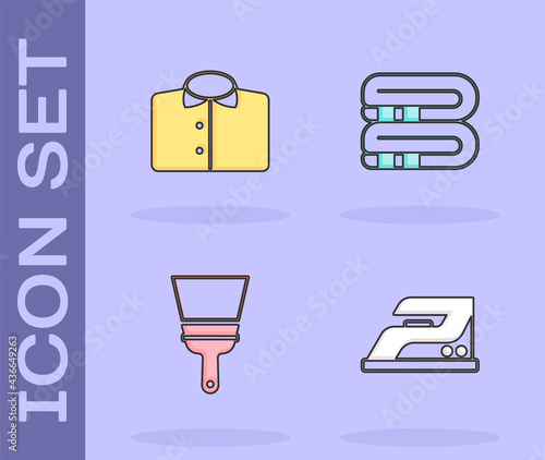 Set Electric iron, T-shirt, Rubber cleaner for windows and Towel stack icon. Vector