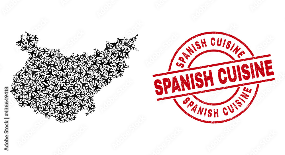 Spanish Cuisine grunge stamp, and Badajoz Province map collage of air force elements. Mosaic Badajoz Province map created of jet vehicles. Red stamp with Spanish Cuisine text, Spanish Cuisine grunge stamp, and Badajoz Province map collage of air force elements. Mosaic Badajoz Province map created of jet vehicles. Red stamp with Spanish Cuisine text,